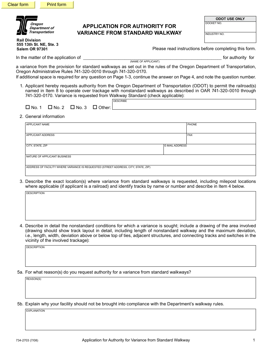 Form 734-2703 Application for Authority for Variance From Standard Walkway - Oregon, Page 1