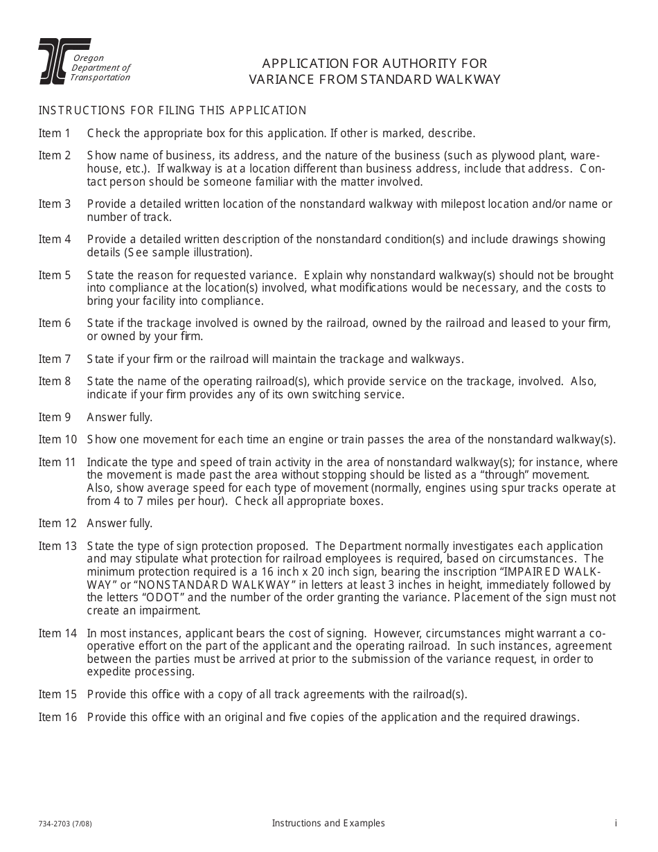 Form 734-2703 Application for Authority for Variance From Standard Walkway - Oregon, Page 5