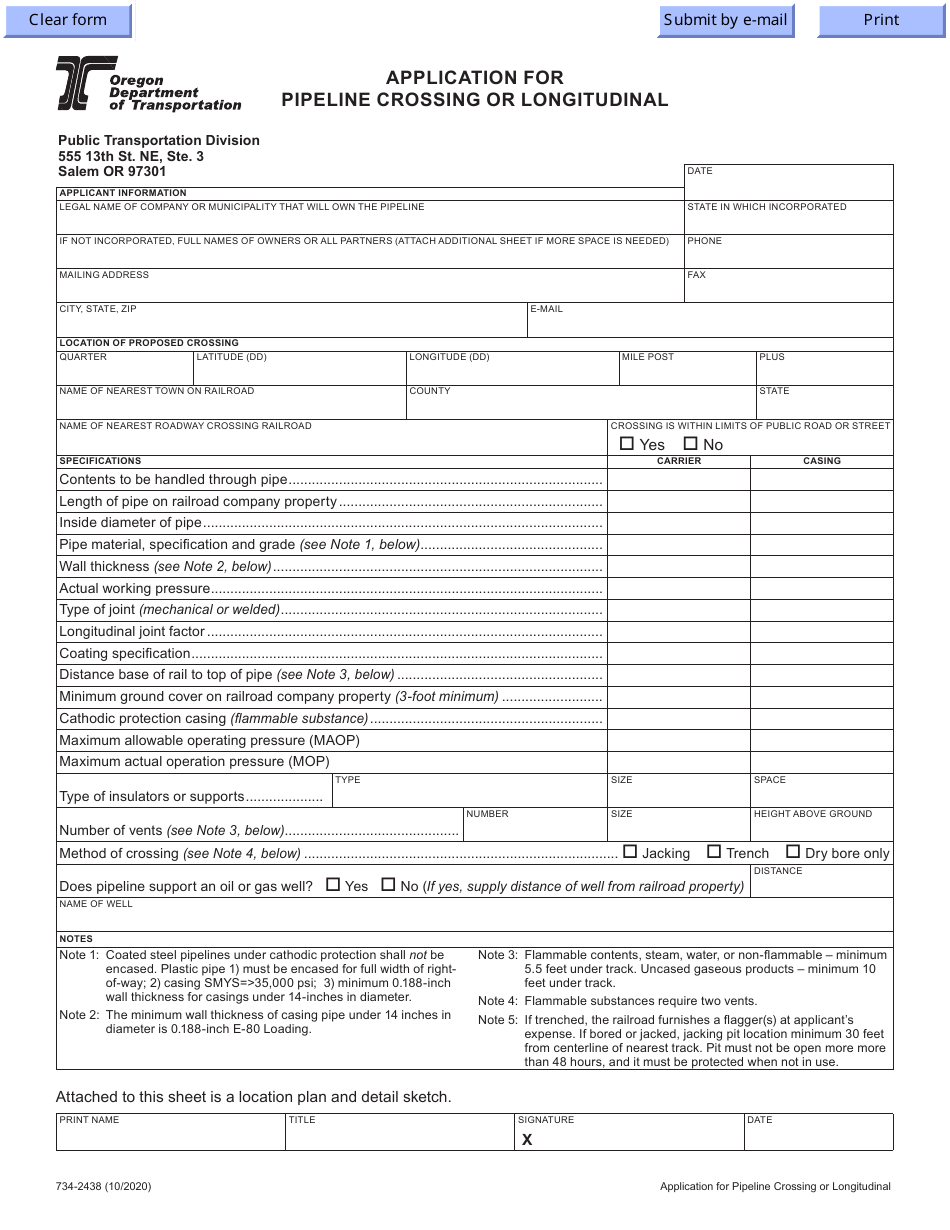 Form 734-2438 Application for Pipeline Crossing or Longitudinal - Oregon, Page 1