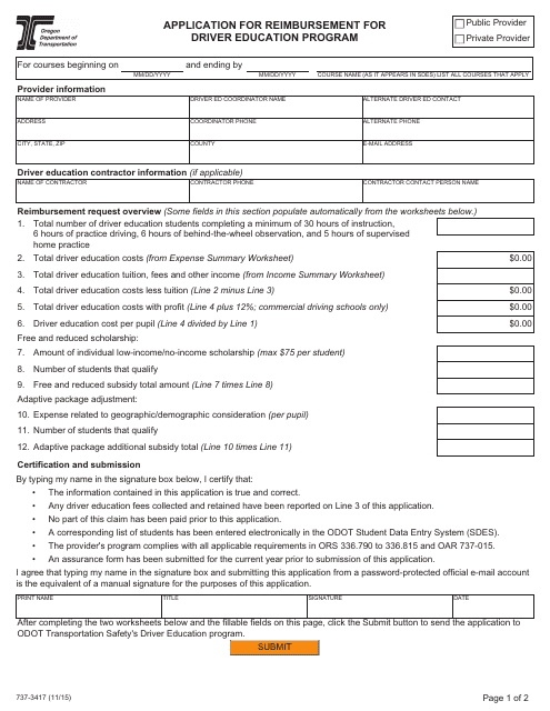 Form 737-3417 Application for Reimbursement for Driver Education Program - Oregon