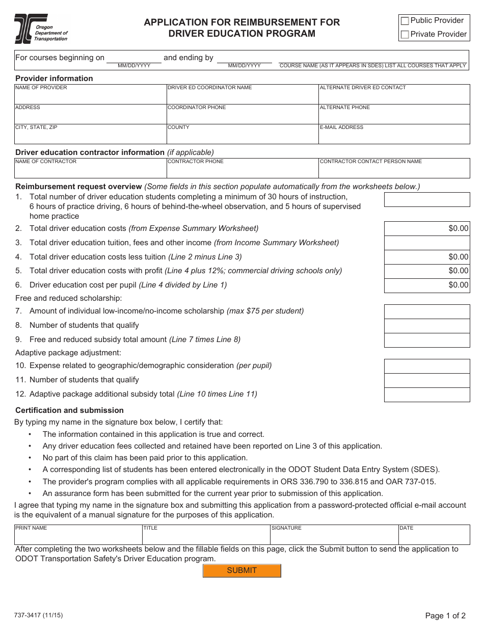 Form 737-3417 Application for Reimbursement for Driver Education Program - Oregon, Page 1