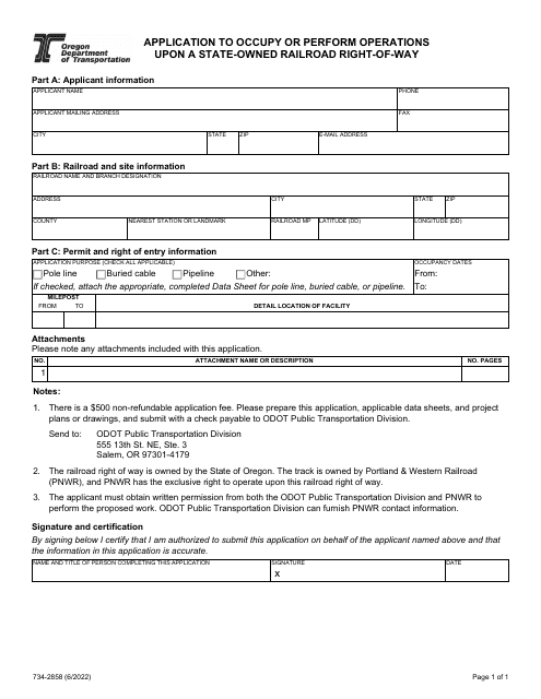Form 734-2858 Application to Occupy or Perform Operations Upon a State-Owned Railroad Right-Of-Way - Oregon