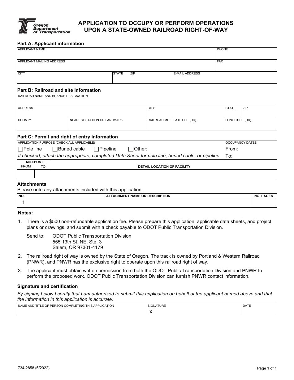 Form 734-2858 Application to Occupy or Perform Operations Upon a State-Owned Railroad Right-Of-Way - Oregon, Page 1