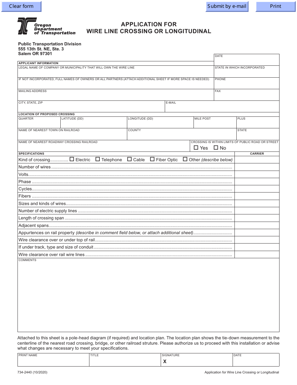Form 734-2440 Application for Wire Line Crossing or Longitudinal - Oregon, Page 1