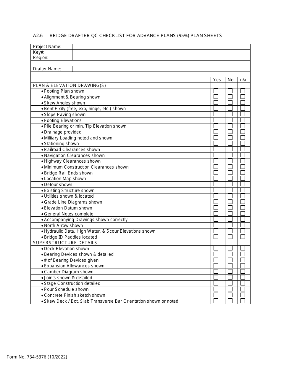 Form 734-5376 Bridge Drafter Qc Checklist for Advance Plans (95%) Plan Sheets - Oregon, Page 1