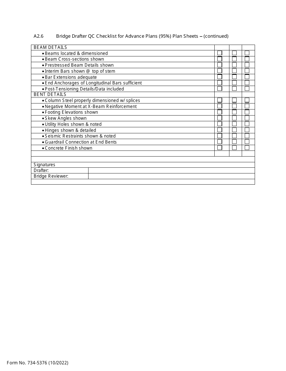 Form 734-5376 Bridge Drafter Qc Checklist for Advance Plans (95%) Plan Sheets - Oregon, Page 2