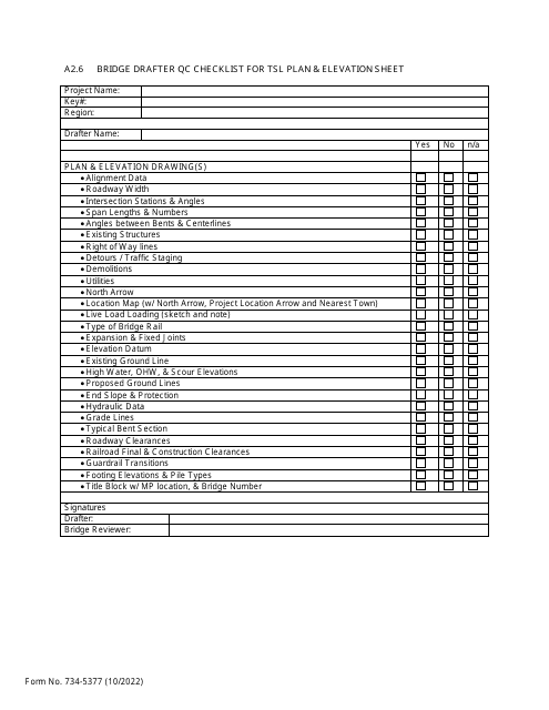 Form 734-5377 Bridge Drafter Qc Checklist for Tsl Plan & Elevation Sheet - Oregon