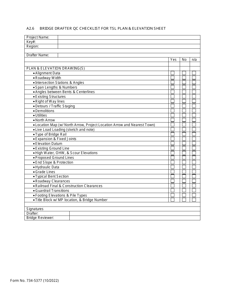 Form 734-5377 Bridge Drafter Qc Checklist for Tsl Plan  Elevation Sheet - Oregon, Page 1