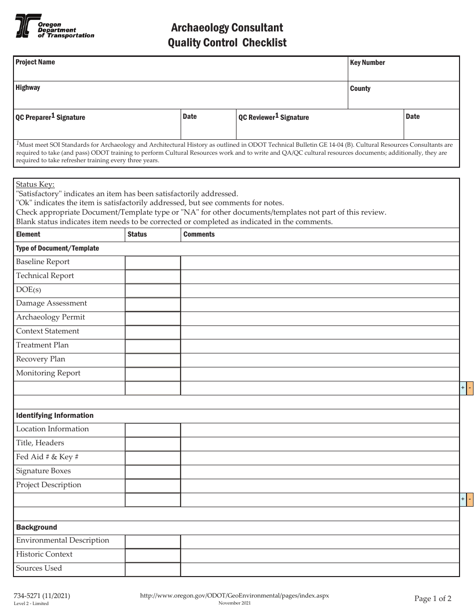 Form 734-5271 Archaeology Consultant Quality Control Checklist - Oregon, Page 1
