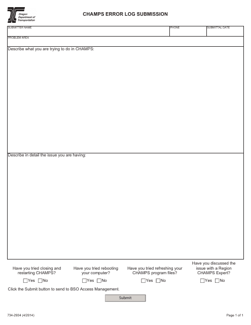 Form 734-2934 Champs Error Log Submission - Oregon