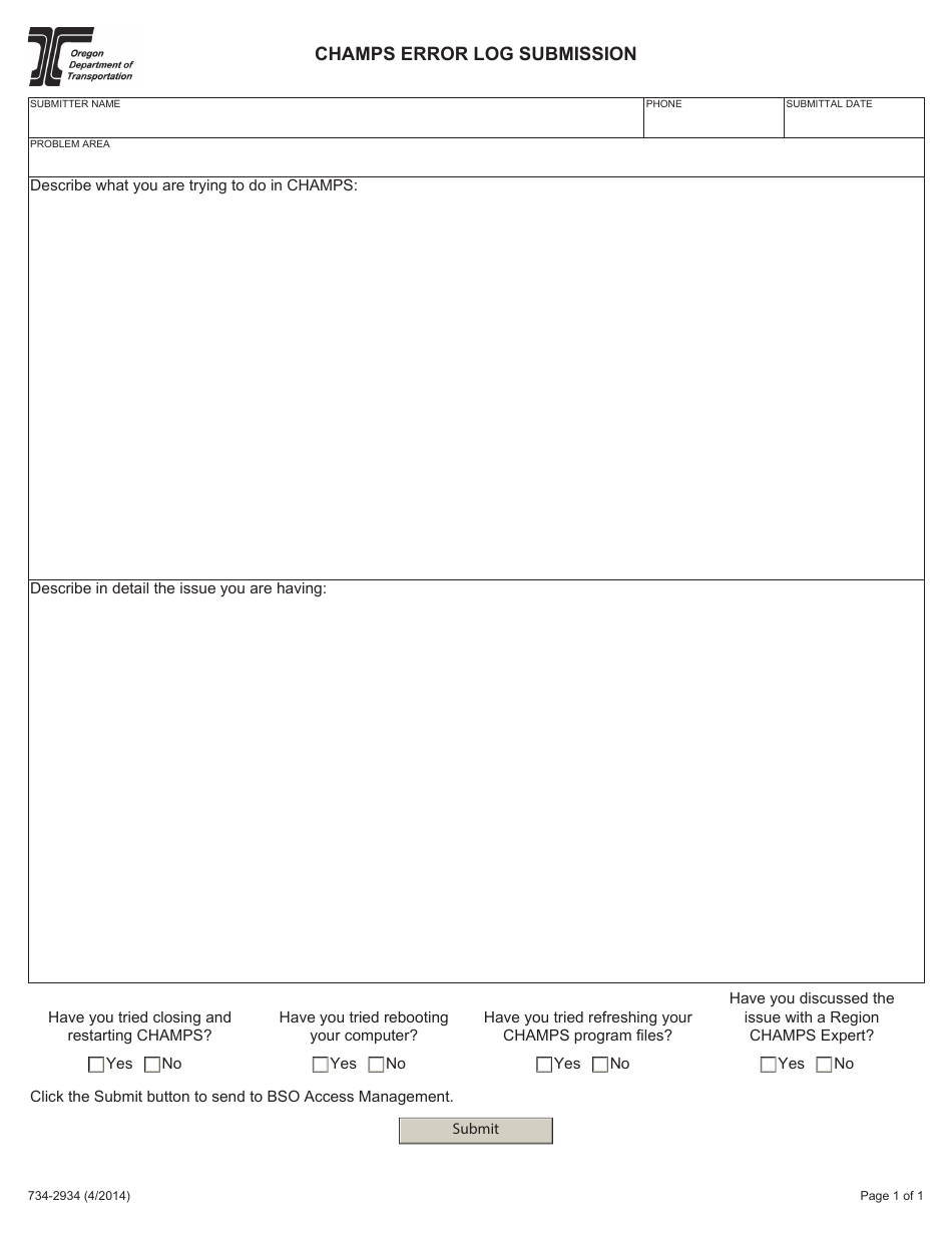 Form 734-2934 Champs Error Log Submission - Oregon, Page 1