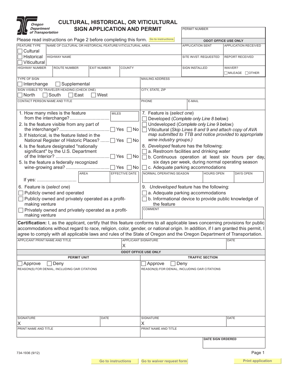 Form 734-1936 Cultural, Historical, or Viticultural Sign Application and Permit - Oregon, Page 1