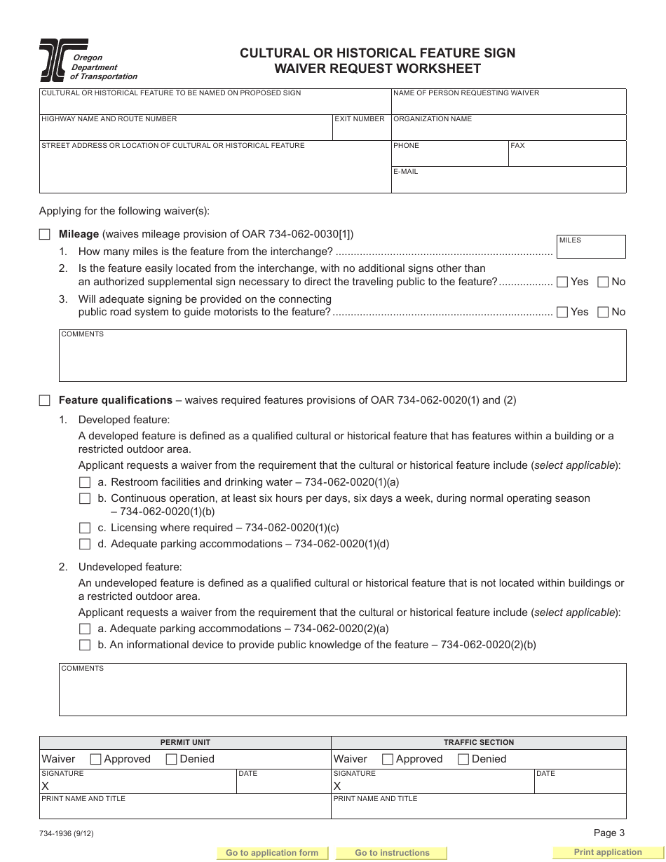 Form 734-1936 Cultural, Historical, or Viticultural Sign Application and Permit - Oregon, Page 3