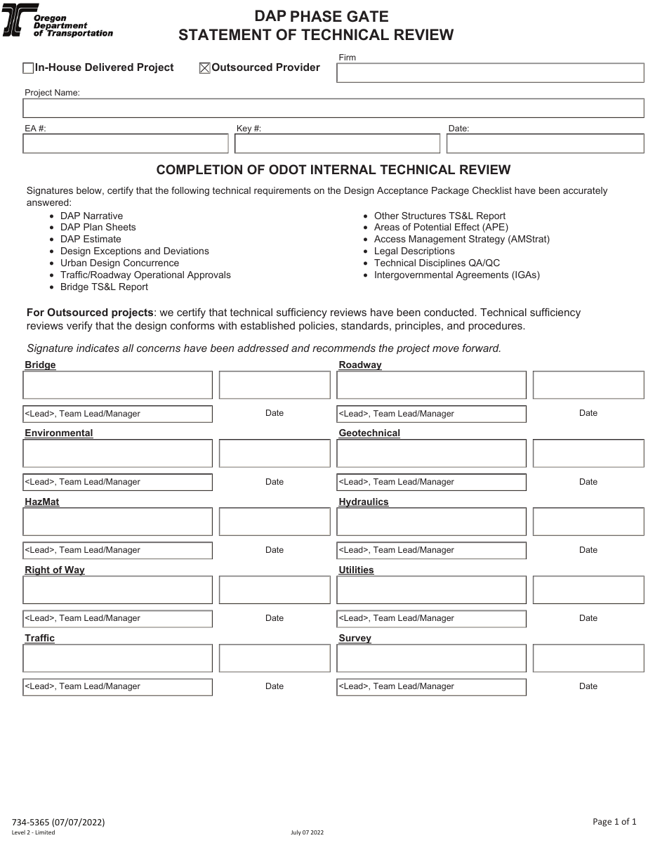 Form 734-5365 Dap Phase Gate Statement of Technical Review - Oregon, Page 1