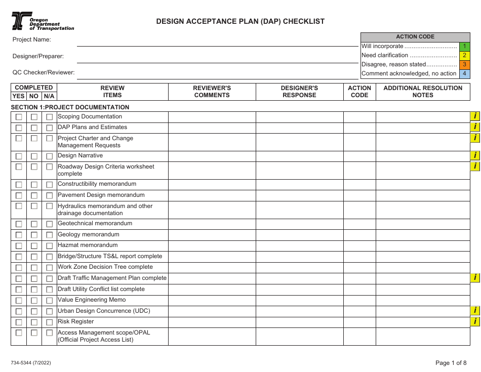 Form 734-5344 Design Acceptance Plan (Dap) Checklist - Oregon, Page 1
