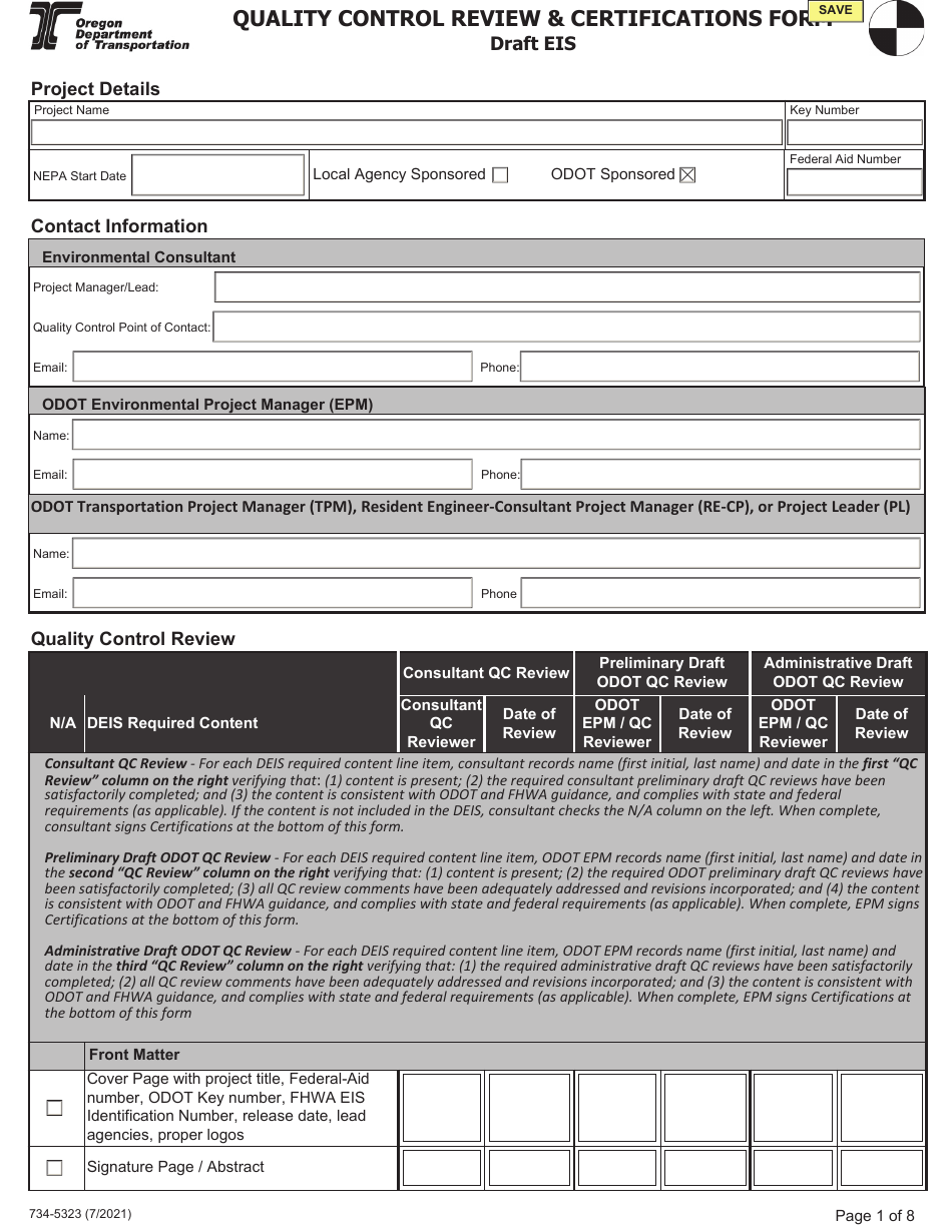 Form 734-5323 Quality Control Review  Certifications Form - Draft Eis - Oregon, Page 1