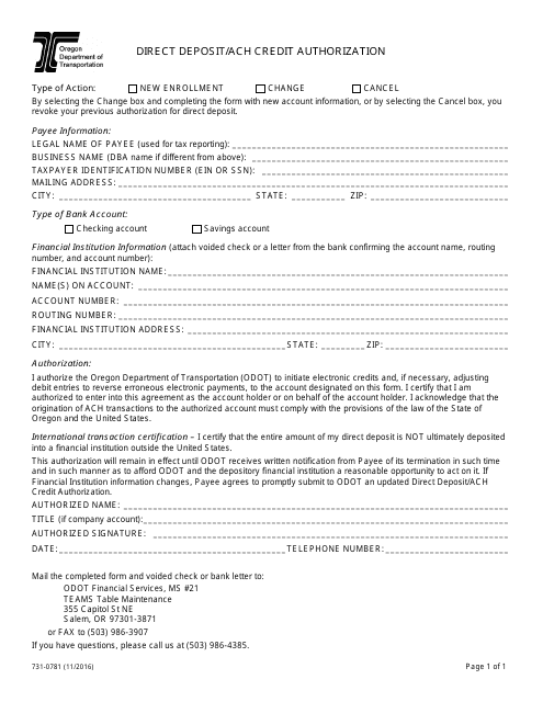 Form 731-0781 Direct Deposit/ACH Credit Authorization - Oregon
