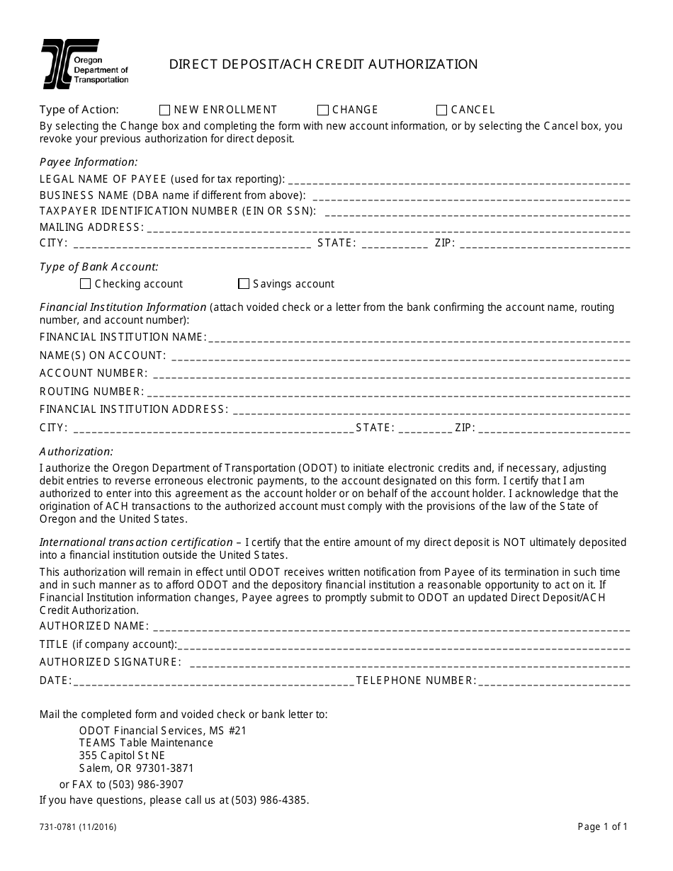 Form 731-0781 Direct Deposit / ACH Credit Authorization - Oregon, Page 1