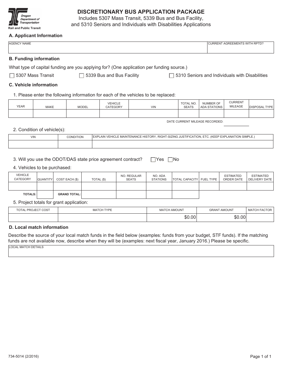 Form 734-5014 Discretionary Bus Application Package - Oregon, Page 1