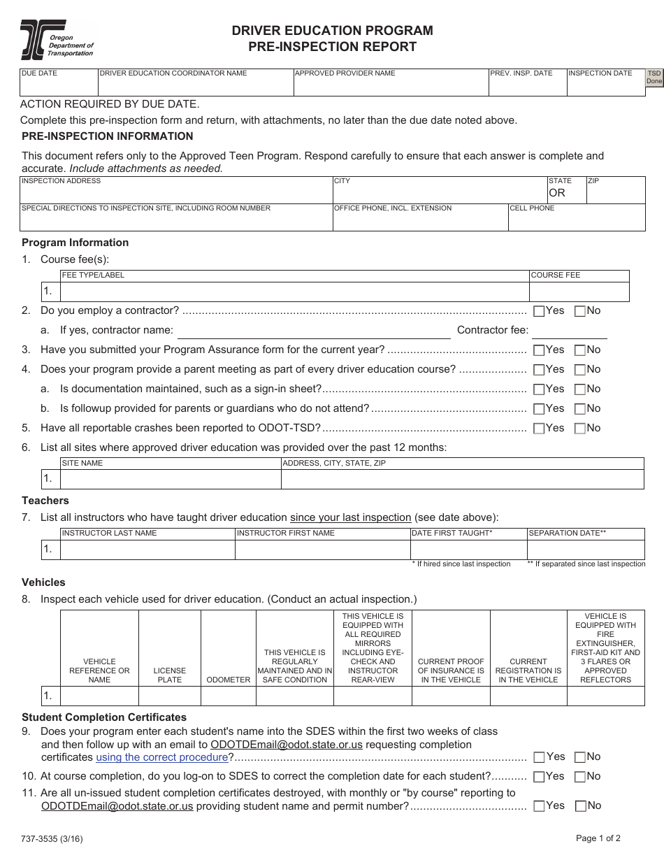 Form 737-3535 Driver Education Program Pre-inspection Report - Oregon, Page 1