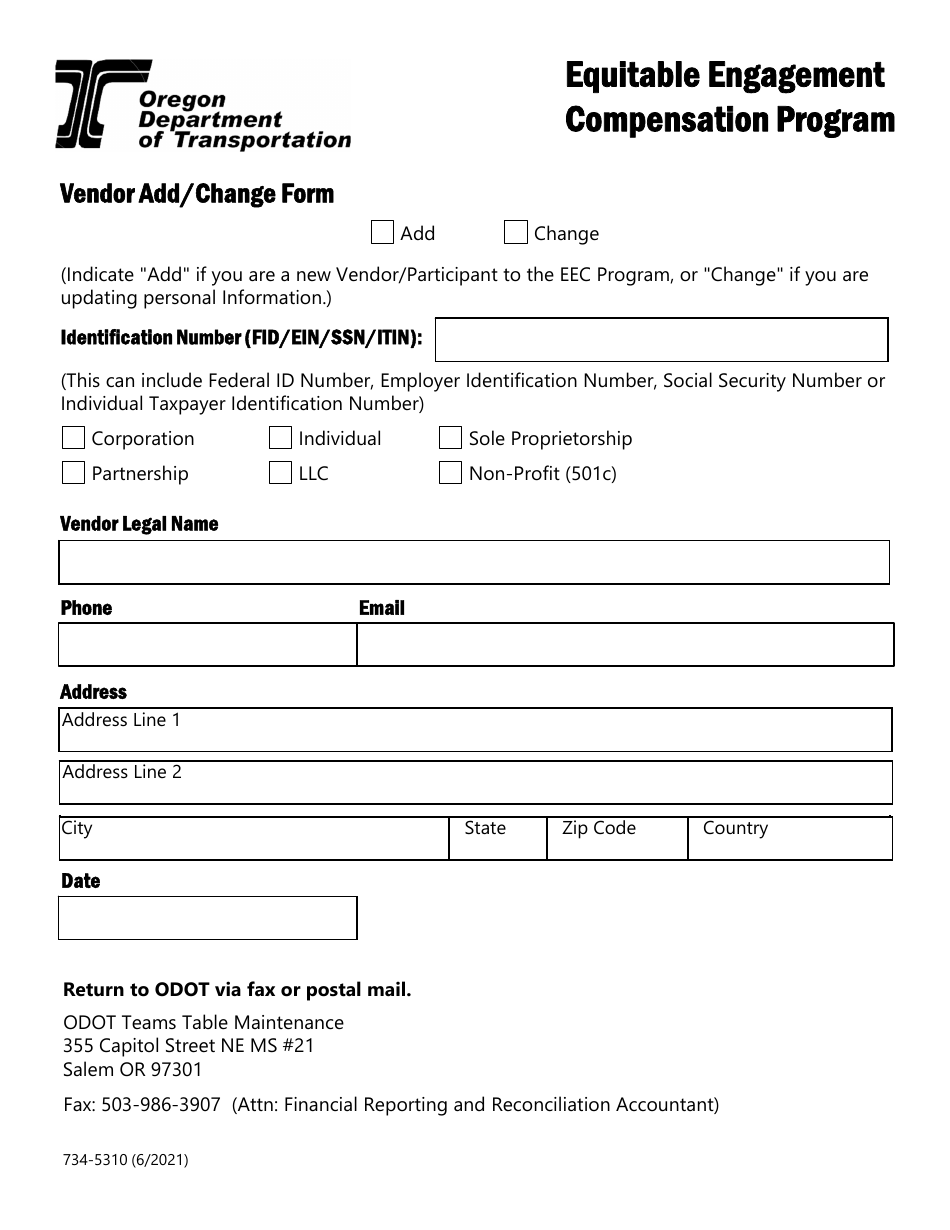 Form 734-5310 Equitable Engagement Compensation Program Vendor Add / Change - Oregon, Page 1