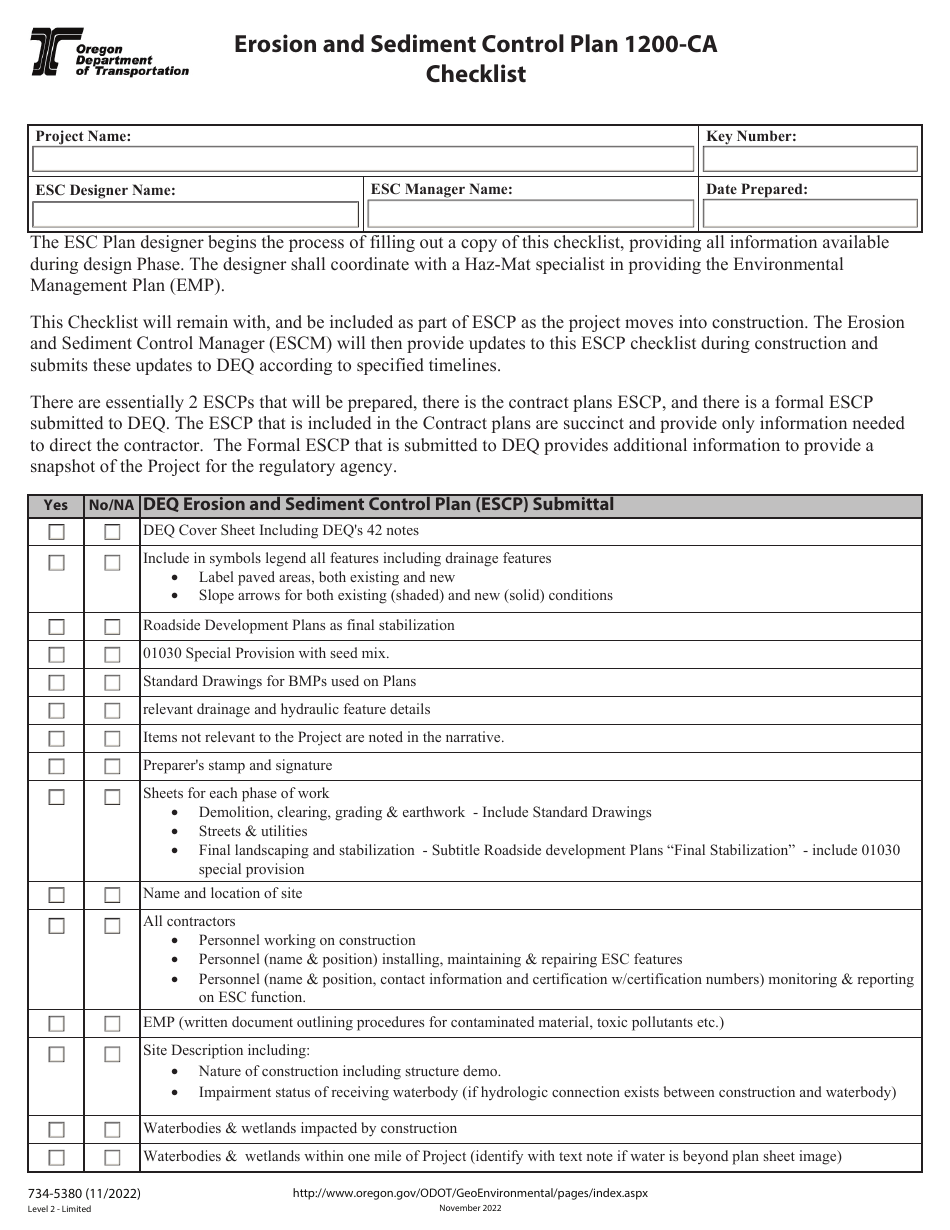 Form 734-5380 Erosion and Sediment Control Plan 1200-ca Checklist - Oregon, Page 1