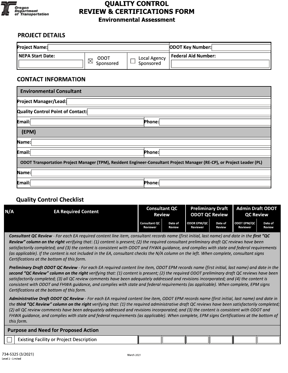 Form 734-5325 Quality Control Review  Certifications Form - Environmental Assessment - Oregon, Page 1