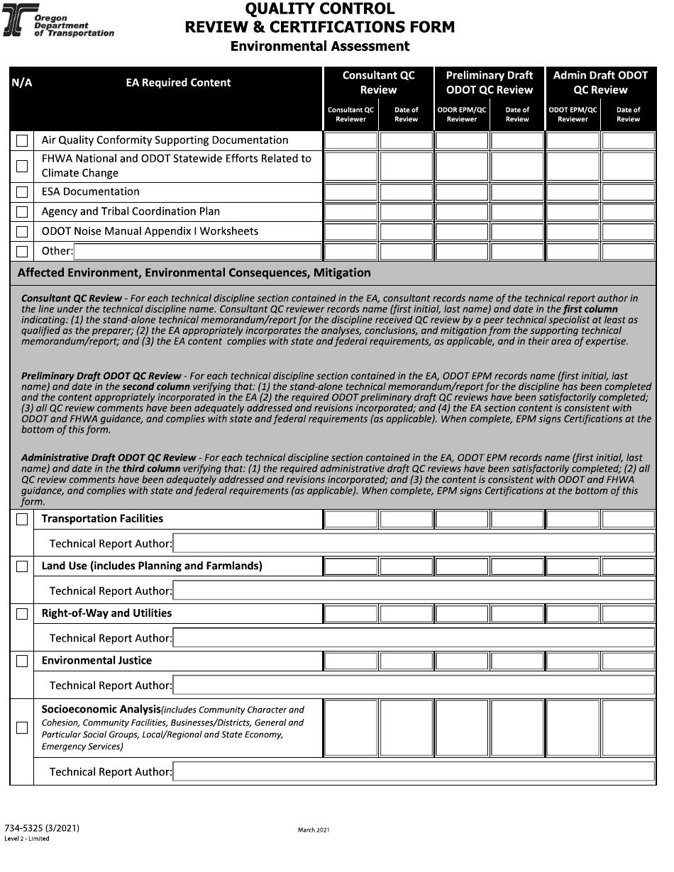 Form 734-5325 Quality Control Review  Certifications Form - Environmental Assessment - Oregon, Page 3
