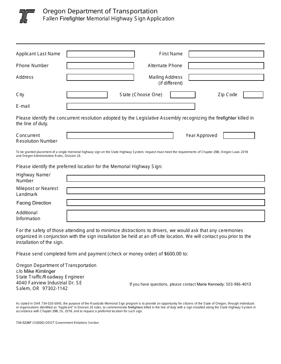 Form 734-5236F Fallen Firefighter Memorial Highway Sign Application - Oregon, Page 1
