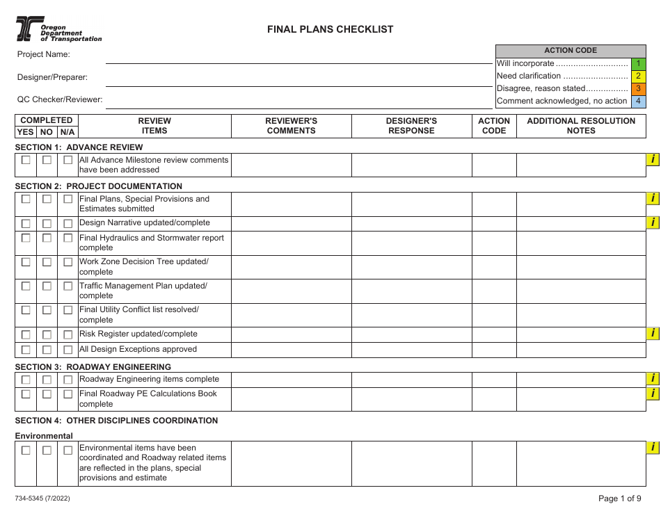 Form 734-5345 Final Plans Checklist - Oregon, Page 1