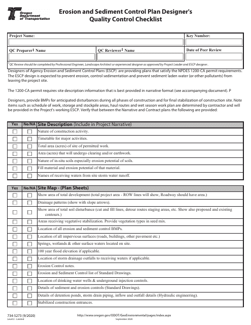 Form 734-5273 Erosion and Sediment Control Plan Designer's Quality Control Checklist - Oregon