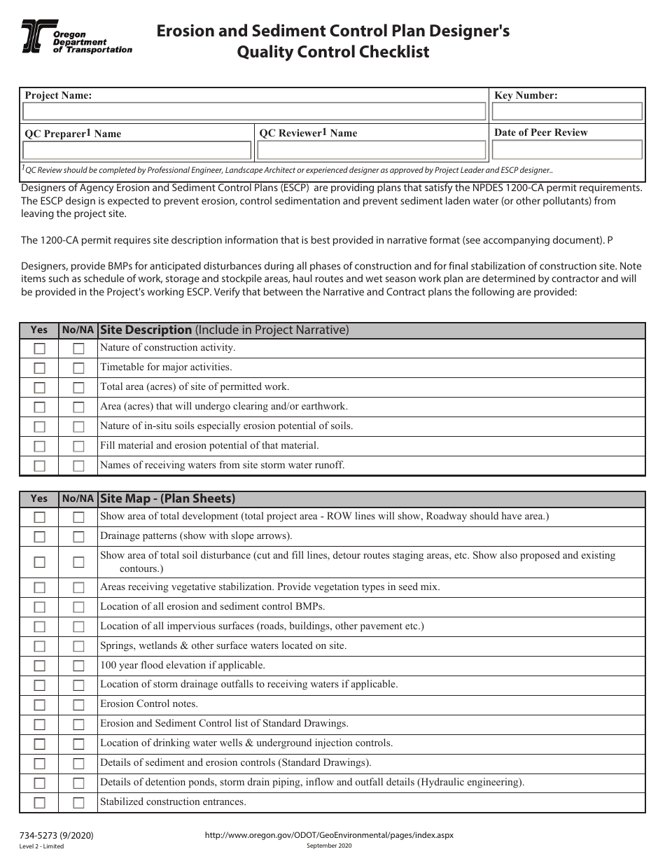 Form 734-5273 Erosion and Sediment Control Plan Designers Quality Control Checklist - Oregon, Page 1