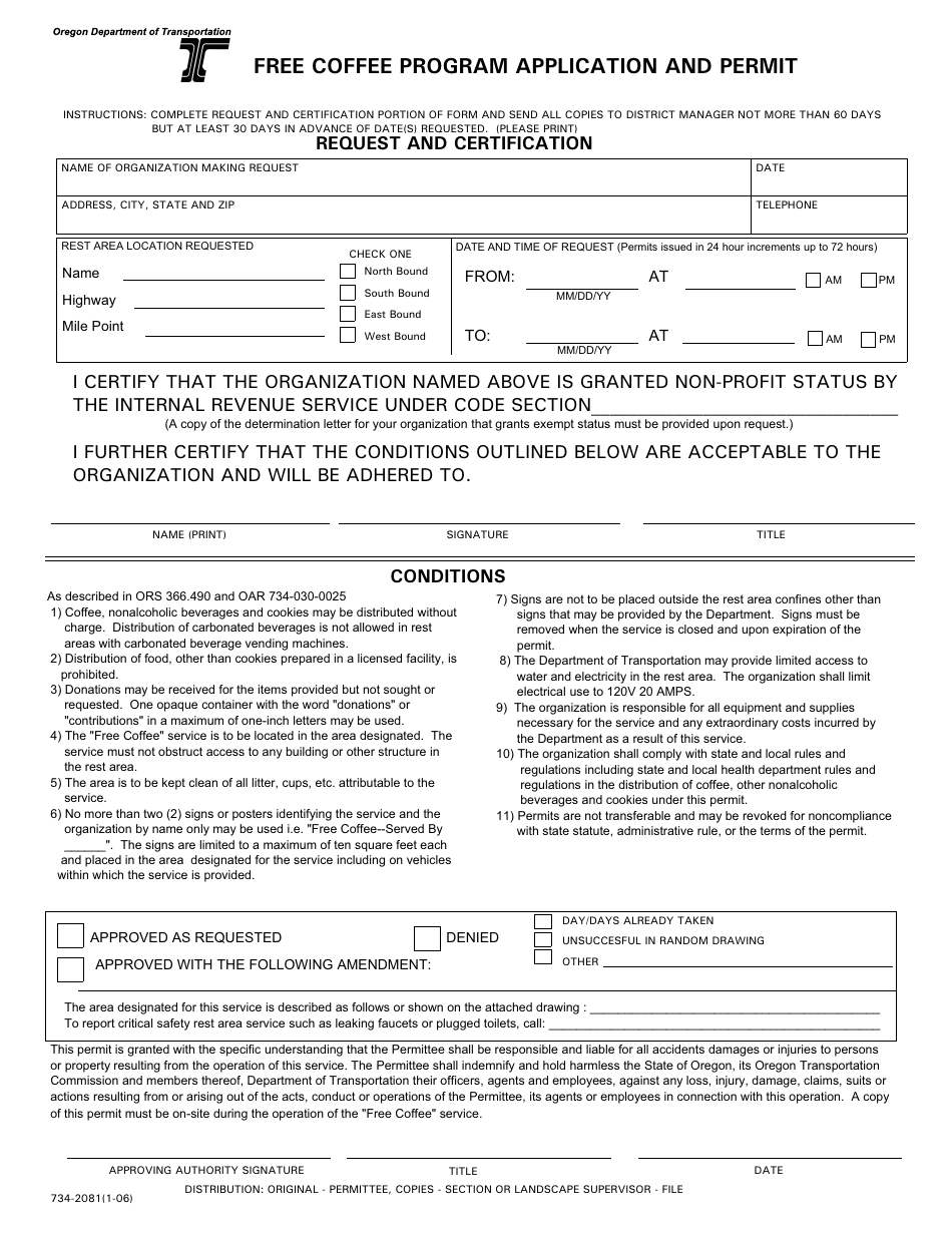 Form 734-2081 Free Coffee Program Application and Permit - Oregon, Page 1