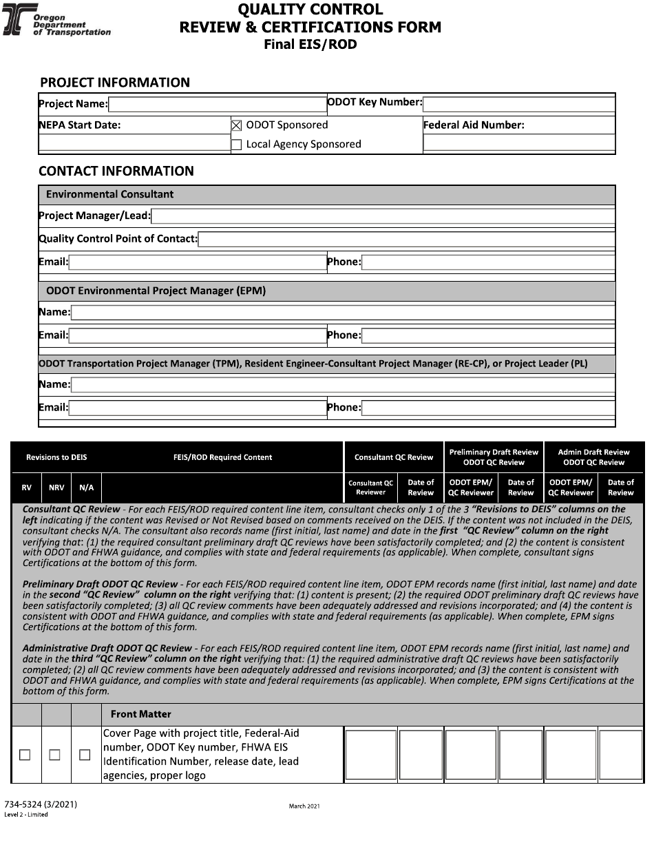 Form 734-5324 Quality Control Review  Certifications Form - Final Eis / Rod - Oregon, Page 1