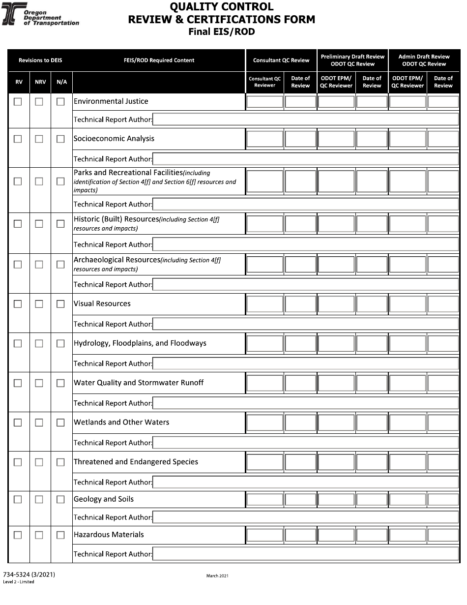 Form 734-5324 Quality Control Review  Certifications Form - Final Eis / Rod - Oregon, Page 5