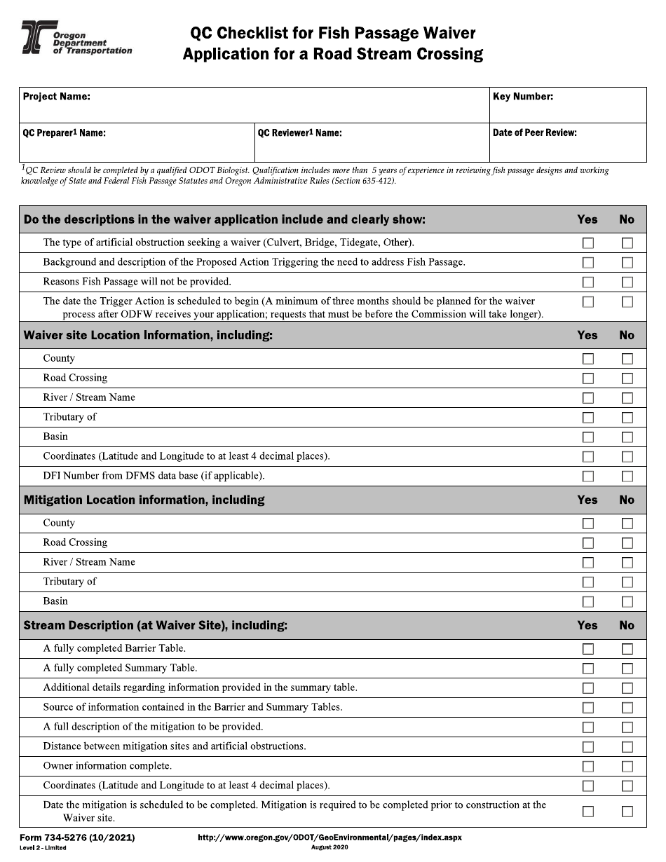 Form 734-5276 Qc Checklist for Fish Passage Waiver Application for a Road Stream Crossing - Oregon, Page 1