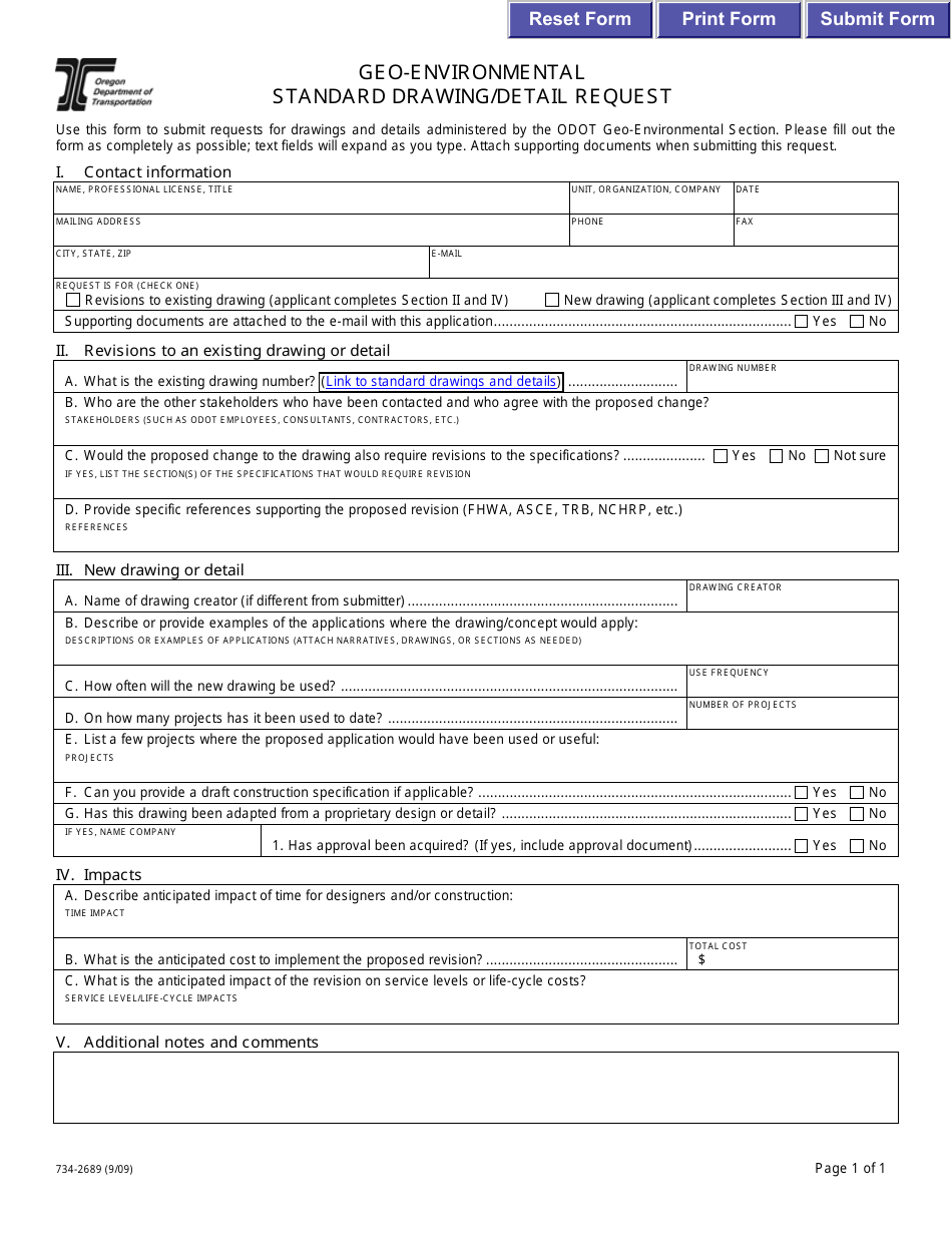 Form 734-2689 Geo-Environmental Standard Drawing / Detail Request - Oregon, Page 1