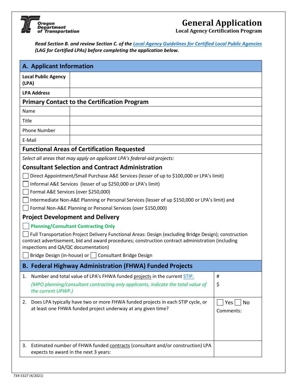 Form 734-5327 General Application - Local Agency Certification Program - Oregon, Page 1