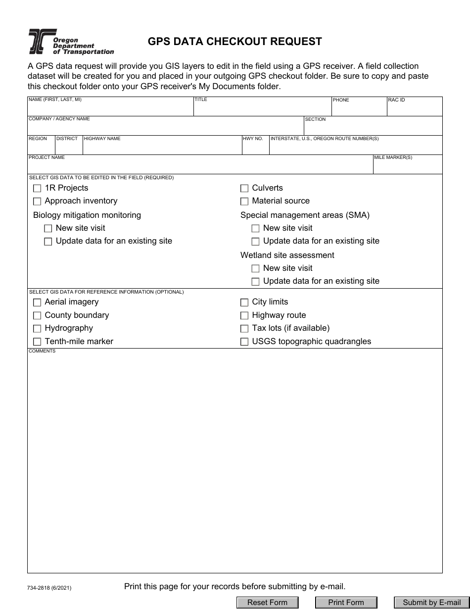 Form 734-2818 Gps Data Checkout Request - Oregon, Page 1