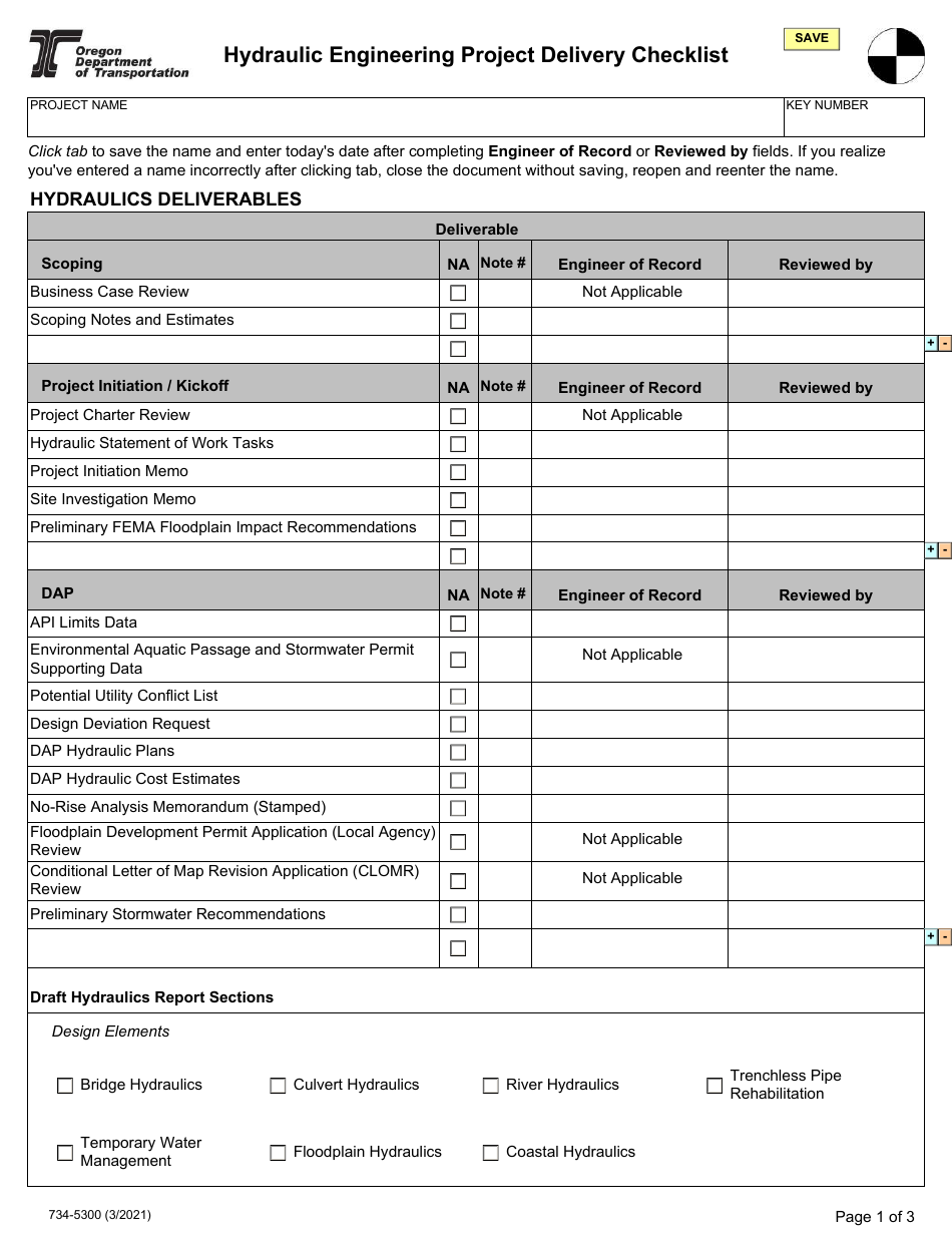 Form 734-5300 Hydraulic Engineering Project Delivery Checklist - Oregon, Page 1