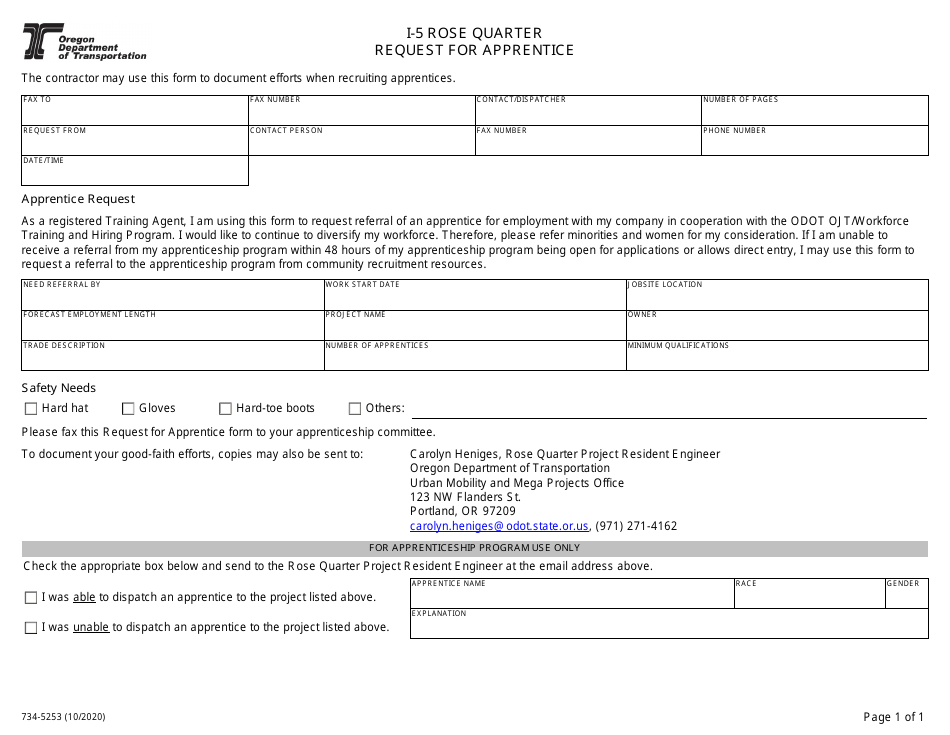 Form 734-5253 I-5 Rose Quarter Request for Apprentice - Oregon, Page 1