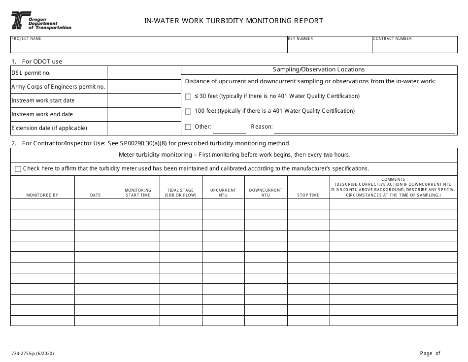 Form 734-2755IP In-water Work Turbidity Monitoring Report (Optimized for Ipad) - Oregon, Page 1