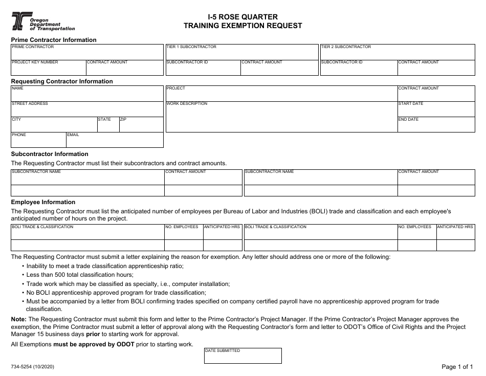 Form 734-5254 I-5 Rose Quarter Training Exemption Request - Oregon, Page 1