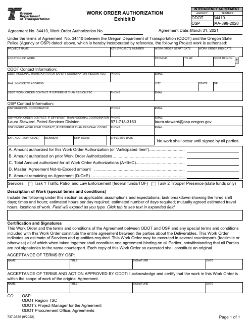 Form 737-3576 Exhibit D Work Order Authorization - Oregon
