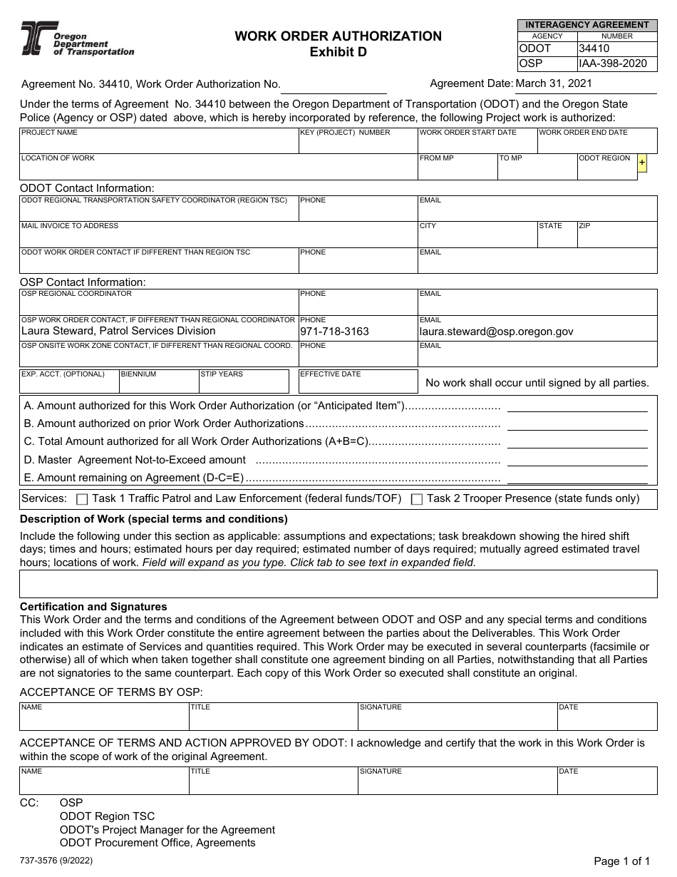 Form 737-3576 Exhibit D Work Order Authorization - Oregon, Page 1