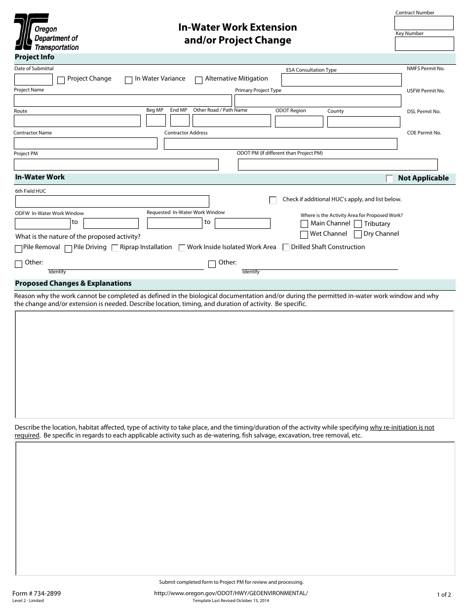 Form 734-2899 In-water Work Extension and / or Project Change - Oregon, Page 1