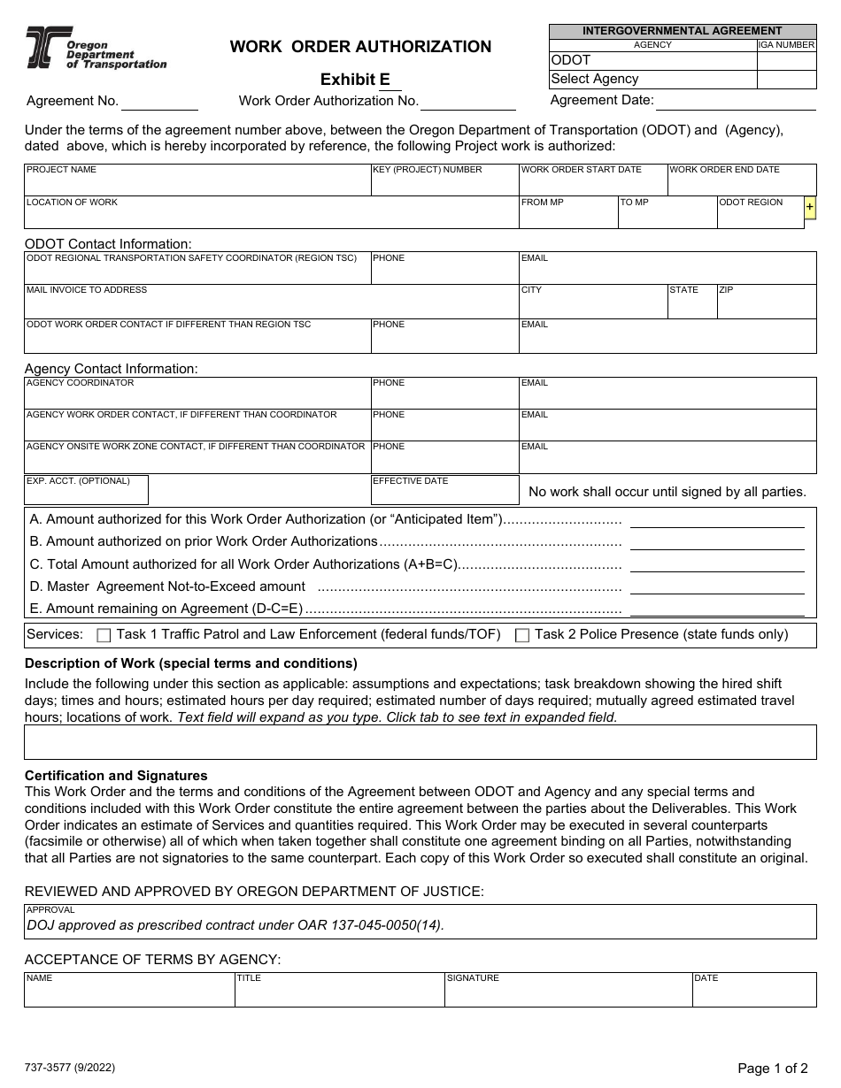 Form 737-3577 Exhibit E Work Order Authorization - Oregon, Page 1