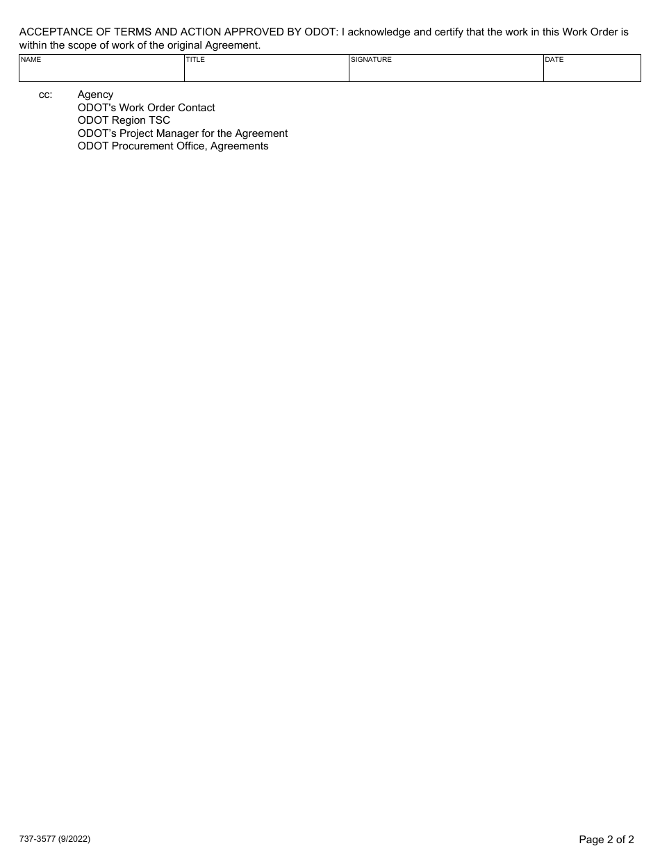 Form 737-3577 Exhibit E Work Order Authorization - Oregon, Page 2