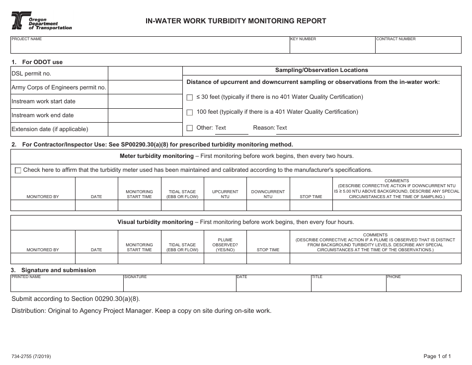 Form 734-2755 In-water Work Turbidity Monitoring Report - Oregon, Page 1