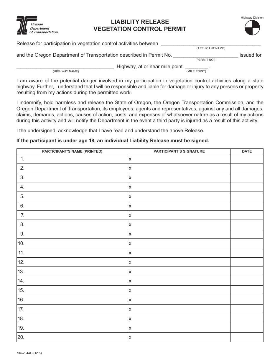Form 734-2044G Liability Release Vegetation Control Permit (Group) - Oregon, Page 1